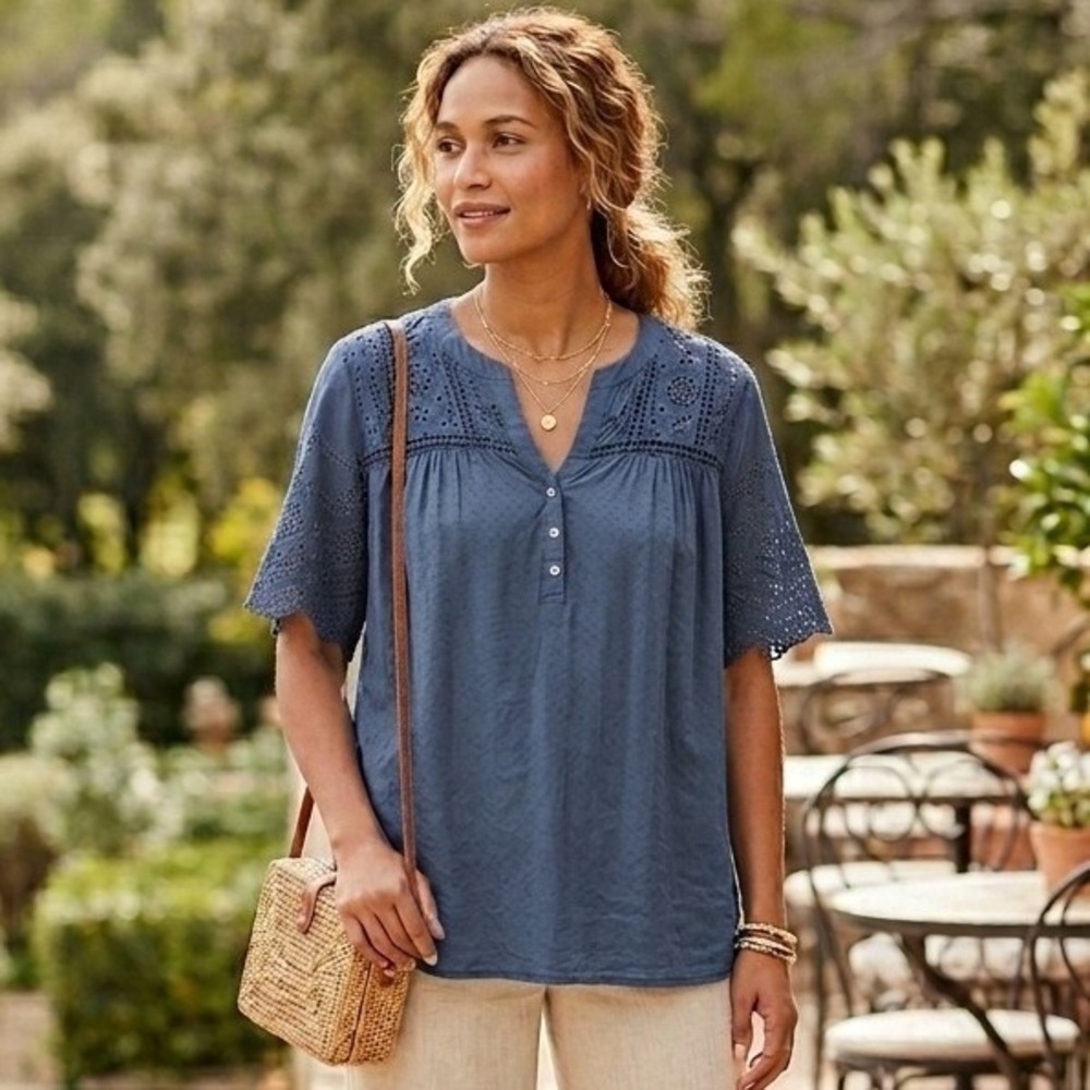 Mason & Belle Eyelet Blouse Womens‎ XL Blue Crochet Lace Henley Boho Cottagecore